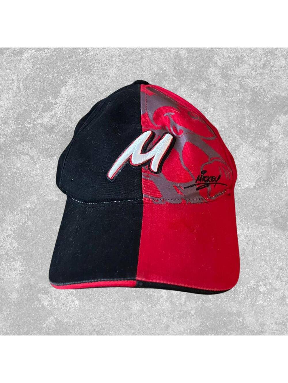 Vintage Disney Mickey Mouse Split Color Red Black Dad Hat Y2K Cap OSFA Rare